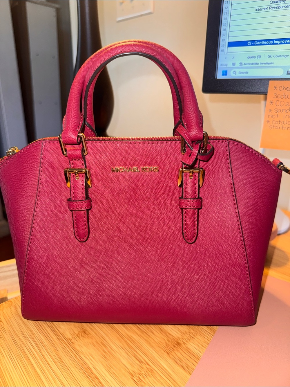 Michael Kors Fuchsia Saffiano Leather Satchel with Gold-Tone Hardware